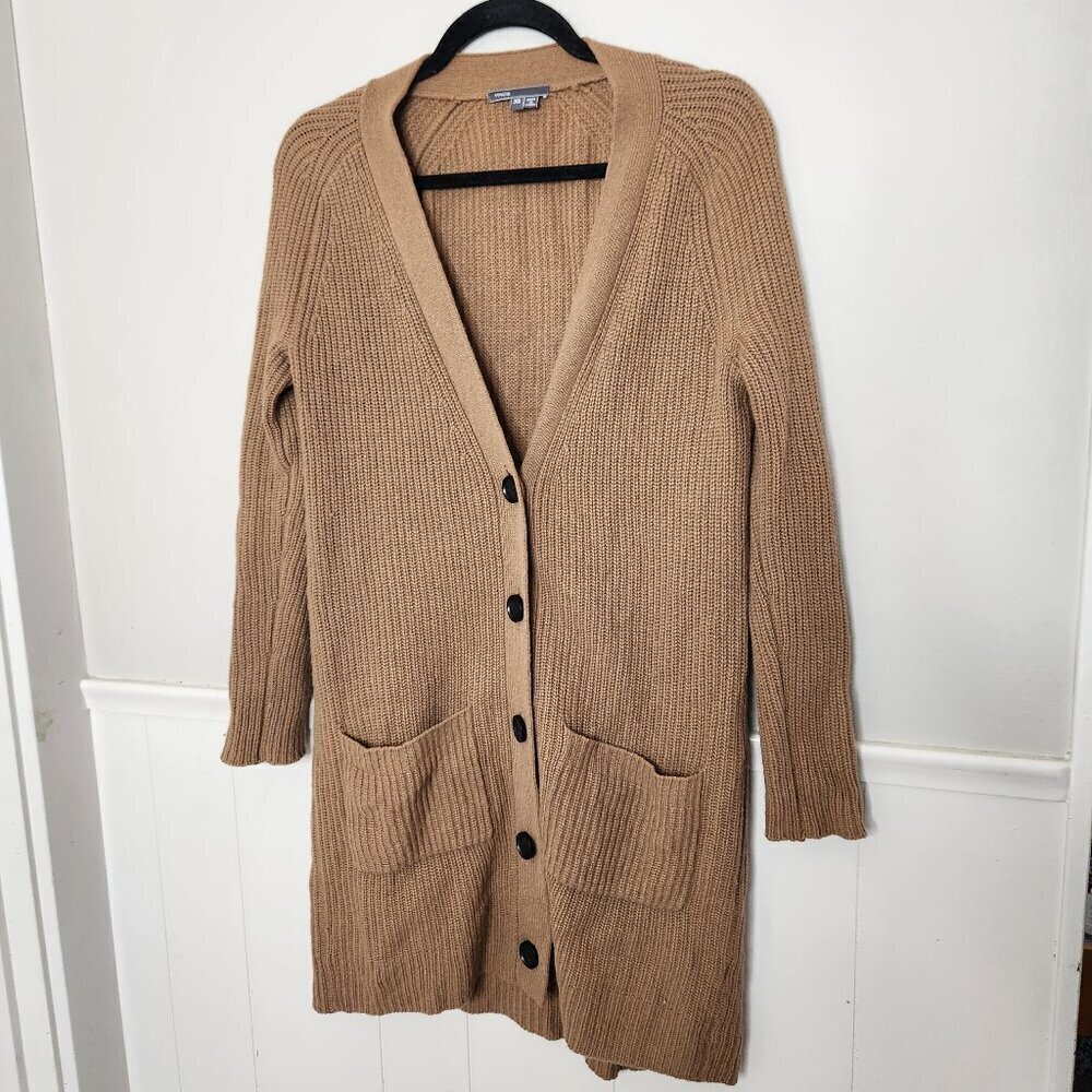 VINCE Brown Ribbed Wool Long Button Front Cardigan Sweater